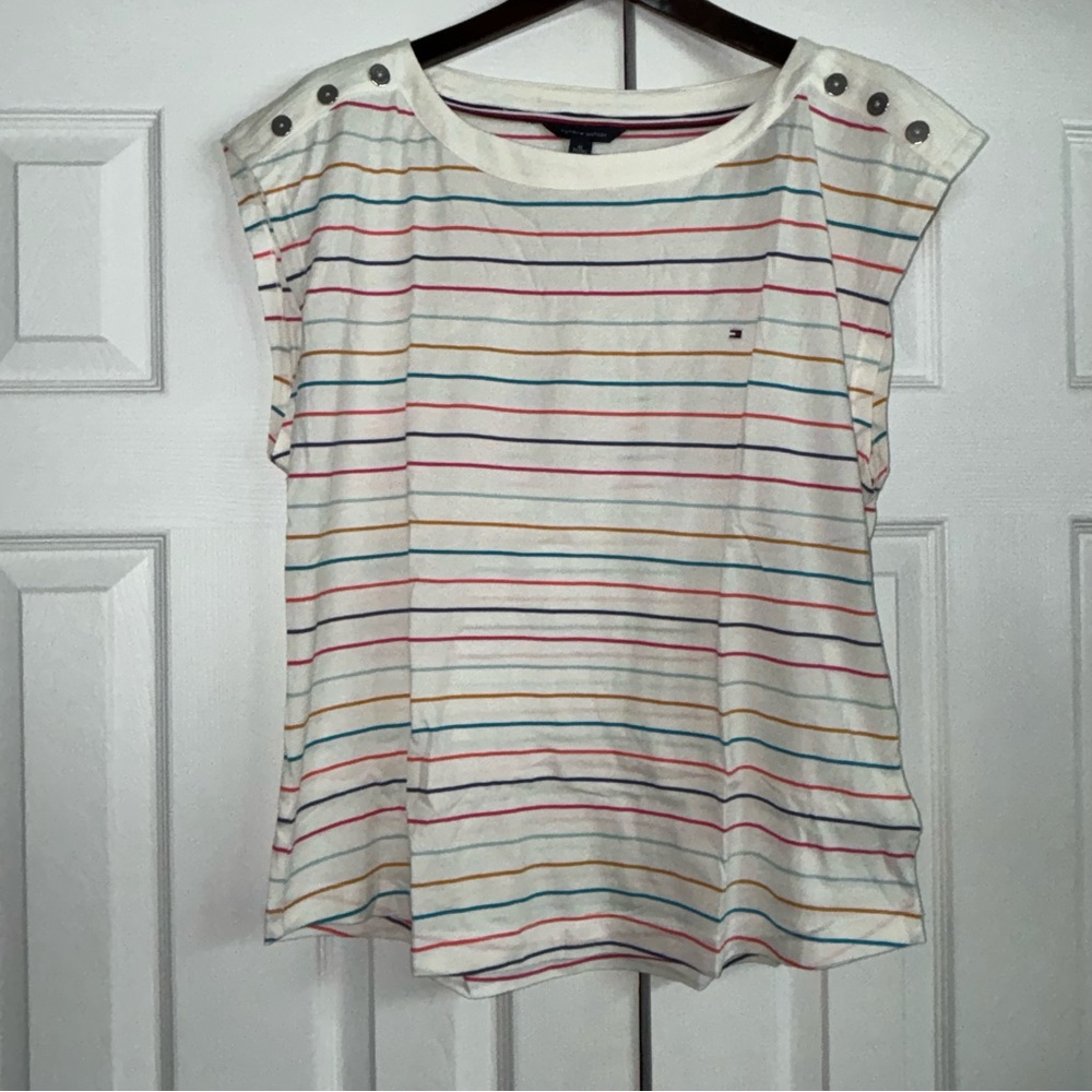 Tommy Hilfiger Women’s Cream Striped Boxy Top Size XL Short Sleeve